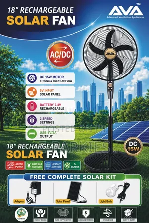 Ava 18" Solar Rechargeable Fan With Solar Panel