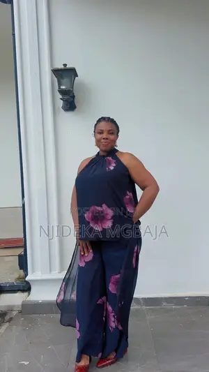 Elegant Navy Blue Floral 2-Piece Women's Outfit Classy Occasion Wear