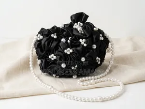 Handmade Black Satin Flower Evening Bag With Pearl Strap