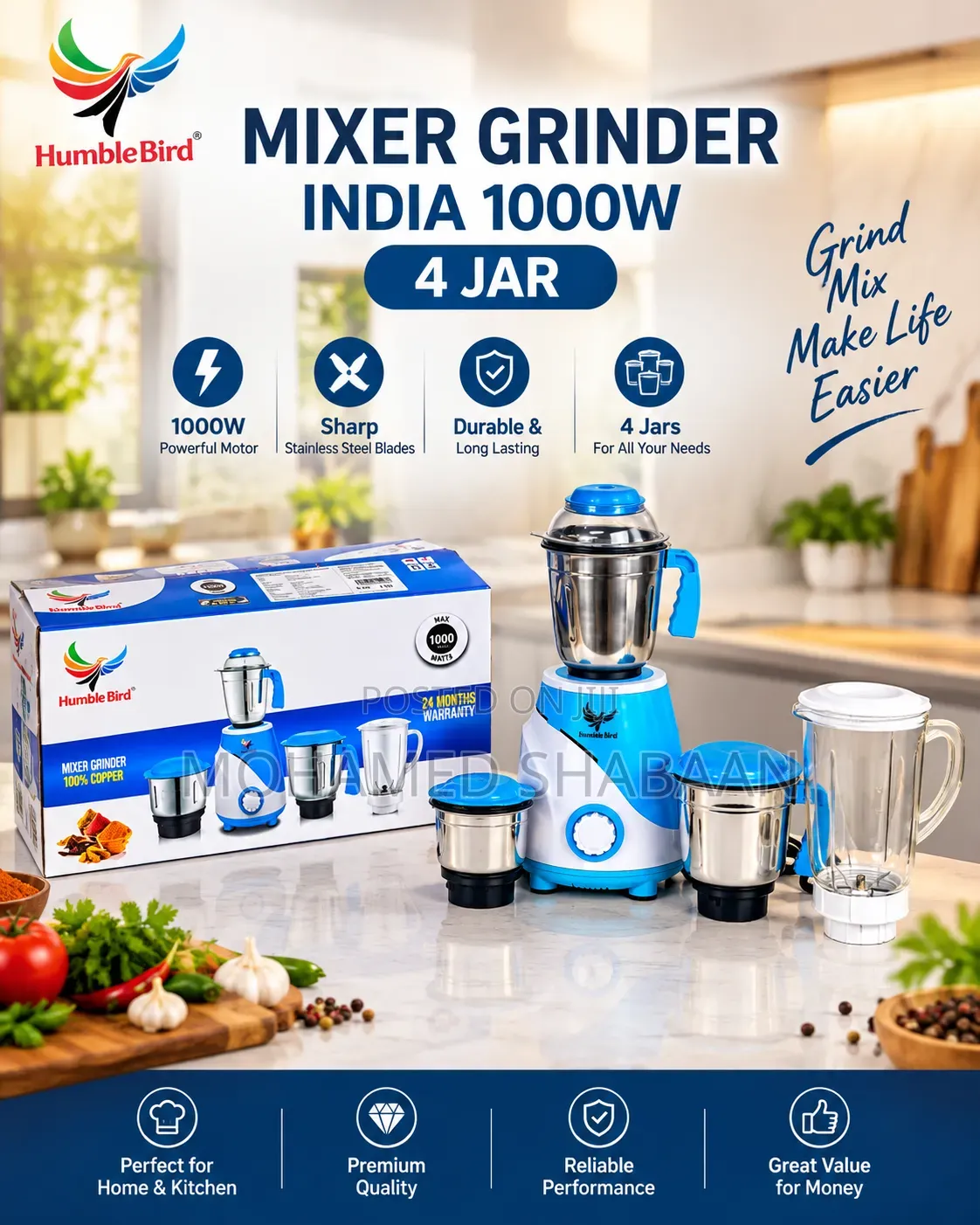 HumbleBird Mixer Grinder – 1000W | 4 Jars