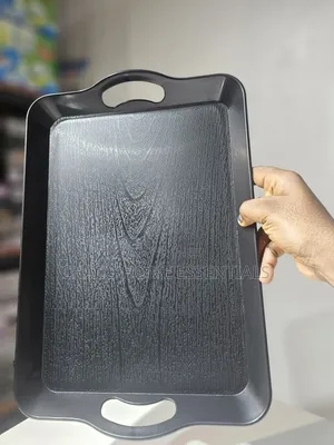 Durable Black Serving Tray With Wood-Grain Texture Handles