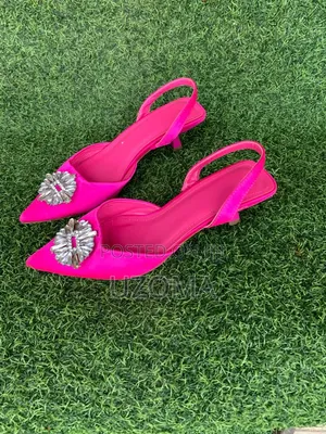 Elegant Hot Pink Embellished Satin Slingback Shoe With Kitten Heels.