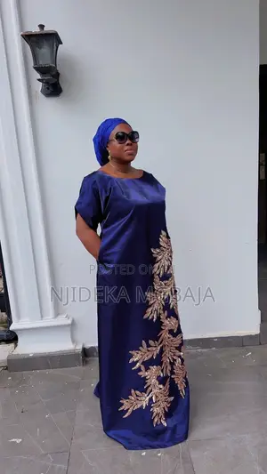 Navy Blue Maxi Gown With Gold Lace Patch Elegant Occasion Wear