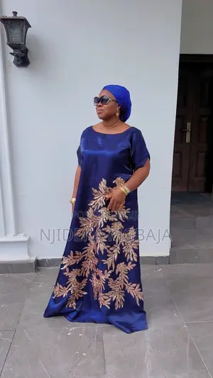 Navy Blue Maxi Gown With Gold Lace Patch Elegant Occasion Wear