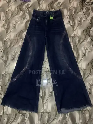 Ladies Dark Blue Rhinestone Wide-Leg Baggy Jeans - New With Tag