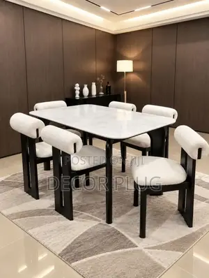 6 Chairs and Angled Legs Marble Top Table