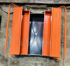 Orange 5-Compartment Cantilever Metal Empty Tool Box With Top Handles.