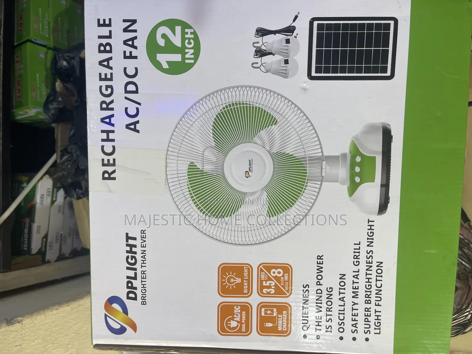 DP Light 12-Inch Rechargeable AC/DC Fan With 2 Solar Bulbs Panel