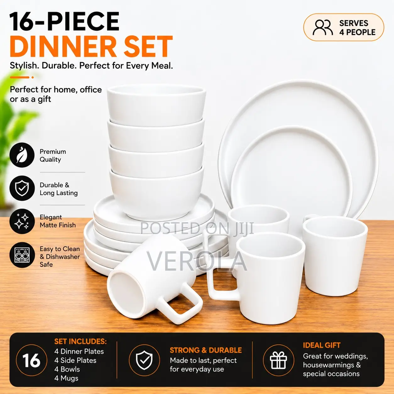 16 Pieces Matte Ceramic White Dinner Set Plates Sets