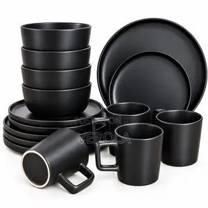 16 Pieces Matte Black Ceramic Dinner Set Plates