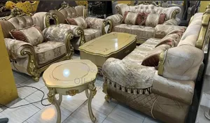 Luxury Royal Velvet Sofa Set With Carved Gold Accent Frames Tables