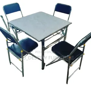 Folding Table + 4 Chair Sets (Marble Top + Black Chairs)
