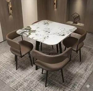 White Marble Top and Brown Chairs 4 Seater Dinning