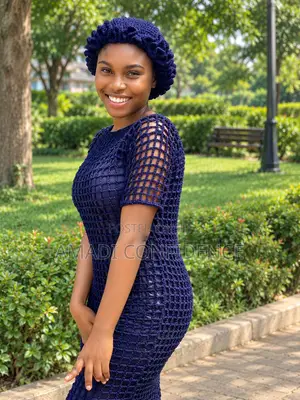 Handmade Crochet Gown With Ruffle Cap for Ladies -Navy Blue