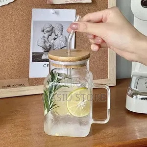 Glass Cups With Bamboo Lids and Glass Straws