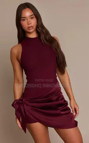 Burgundy Ribbed Satin Wrap Tie Mini Dress