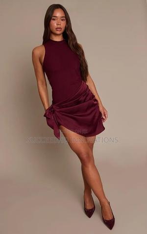 Burgundy Ribbed Satin Wrap Tie Mini Dress