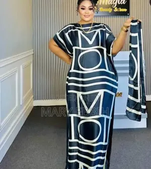 Chic Black White Luxury Silk Boubou Gown With Scarf - Free Size