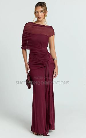Burgundy Draped Mesh Ruched Maxi Dress