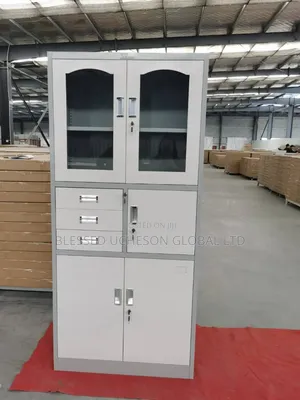 Steel Office Storage Cabinet With Glass Door Drawers & Bottom Storage