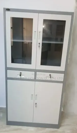 Steel Office Cabinet With Glass Doors, Drawers & Bottom Storage.