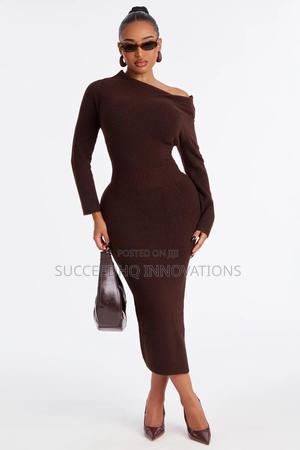 Chocolate Brown Off-Shoulder Knit Midi Dress With Side Slit