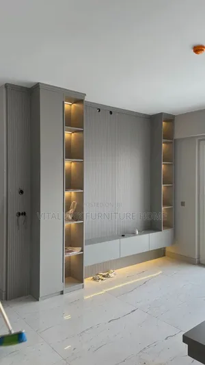 Luxury Grey Fluted TV Wall Unit With LED Shelves Drawers