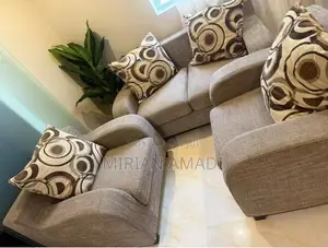 Classic Beige Fabric Sofa Set With Patterned Cushions