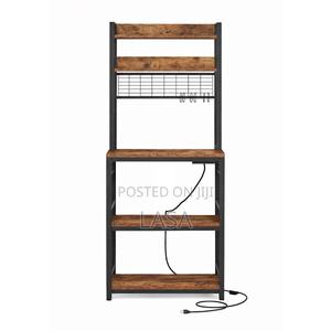 LAZAVA Kitchen Baker's Rack with Power Outlet, Rustic Brown - Coffee Bar & Microwave Stand