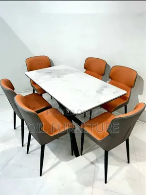 Modern 6-Seater Marble Top Dining Set With Two-Tone Leatherette Chairs