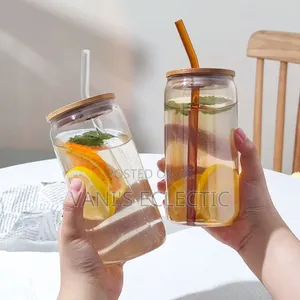 Aesthetic Beverage Can Glass Tumbler With Bamboo Lid and Glass Straw