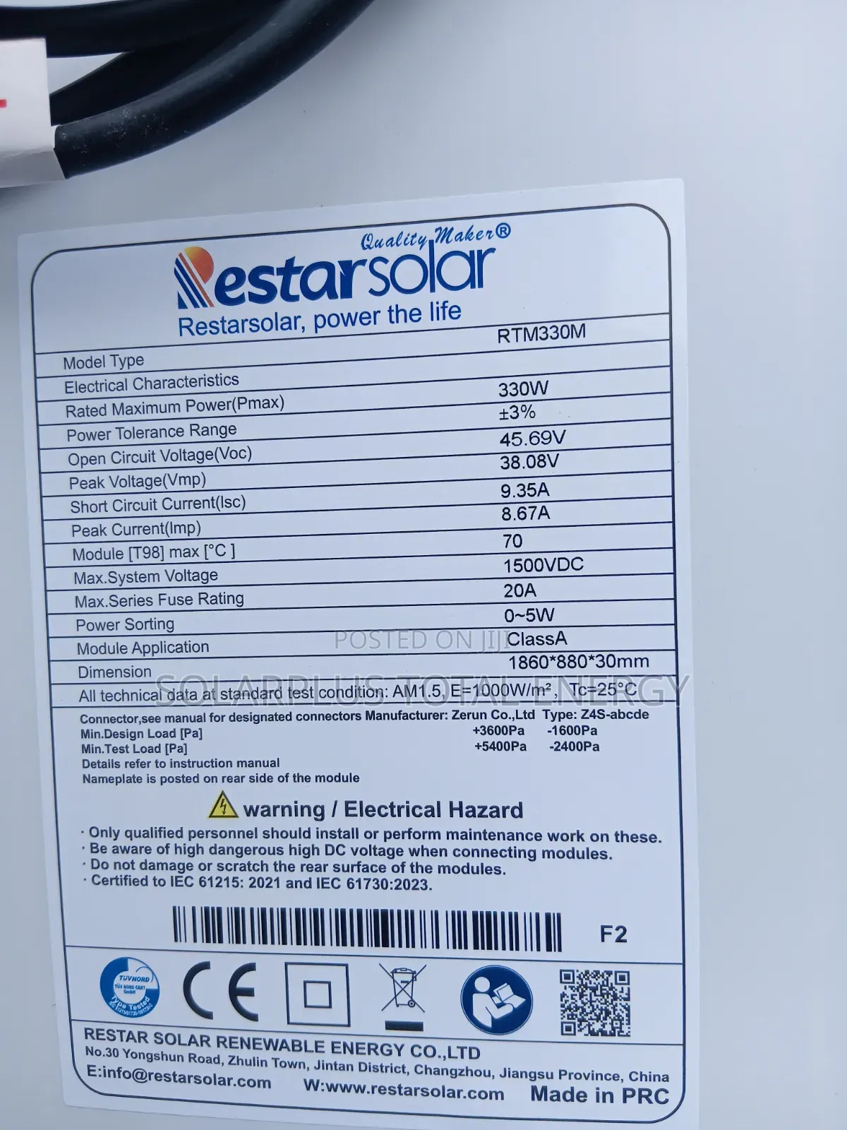 Restarsolar 330w Monocrystalline Solar Panel