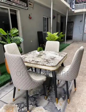 Modern 4-Seater Faux Marble Dining Table Set – Luxury Gold Details