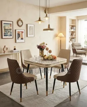 Modern 4-Seater Faux Marble Dining Table Set – Luxury Gold Details