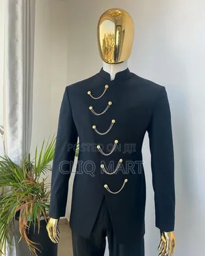 Black Slant-Front Safari Suit – Gold Chain Detail "French" Formal Wear