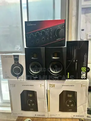 Shure SM7DB, M50X Headphone, Scarlett 18i16 Soundcard, Adam Audio T5V