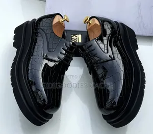 Men's Black Glossy Croc-Embossed Lace-Up Derby Shoes Size 40-47