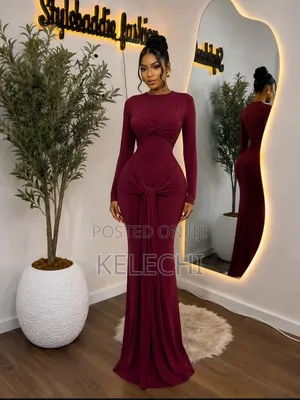 Luxury Red Long Sleeve Twist Knot Bodycon Maxi Dress