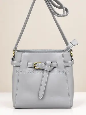 Grey Leather Bucket Bag With Belt - Ladies Crossbody Shoulder Handbag
