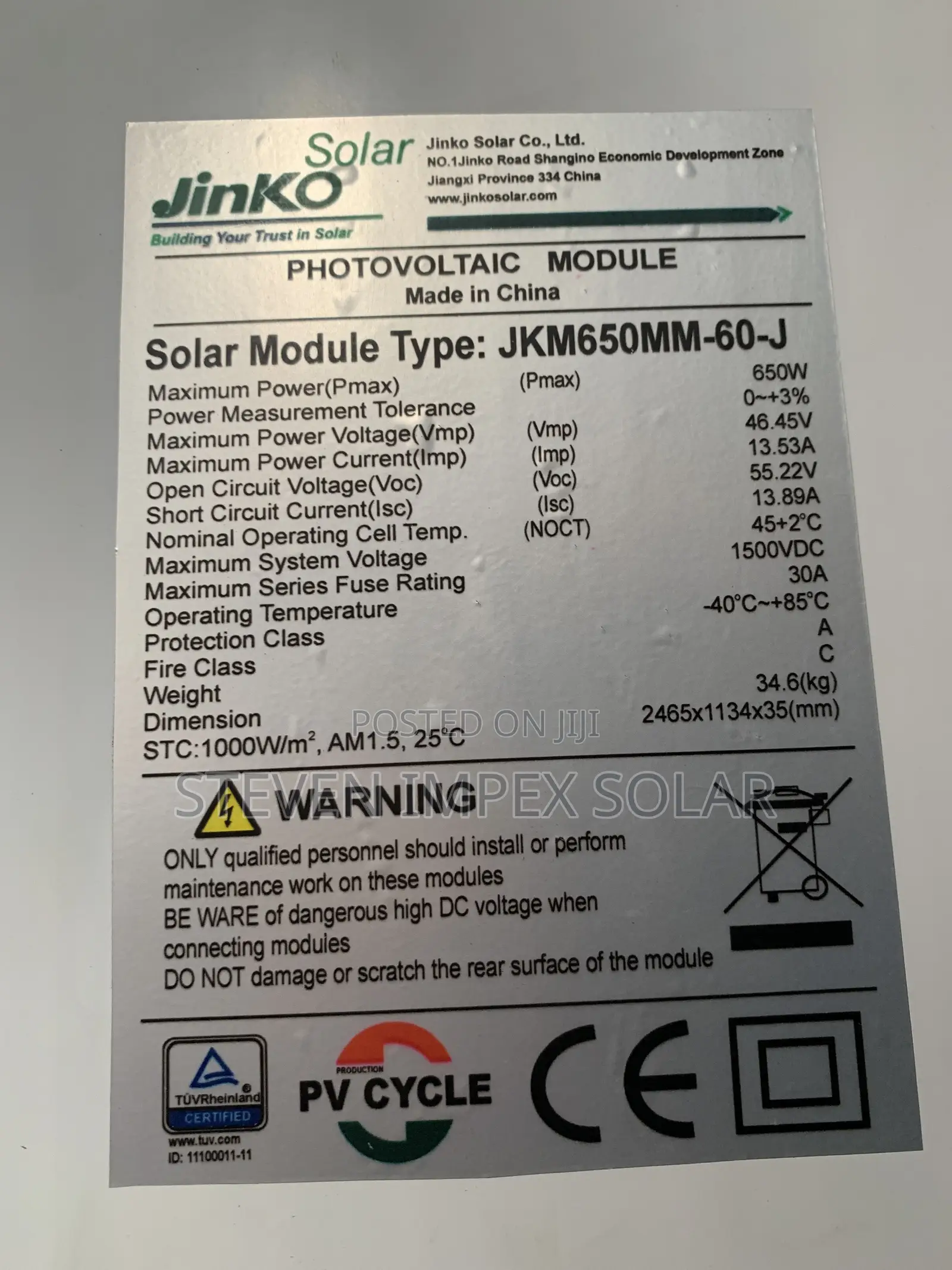 JINKO Solar Panel Mono Crystalline 650watts