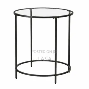 Round Side Table - Glass Top Metal Frame Coffee Table - Black