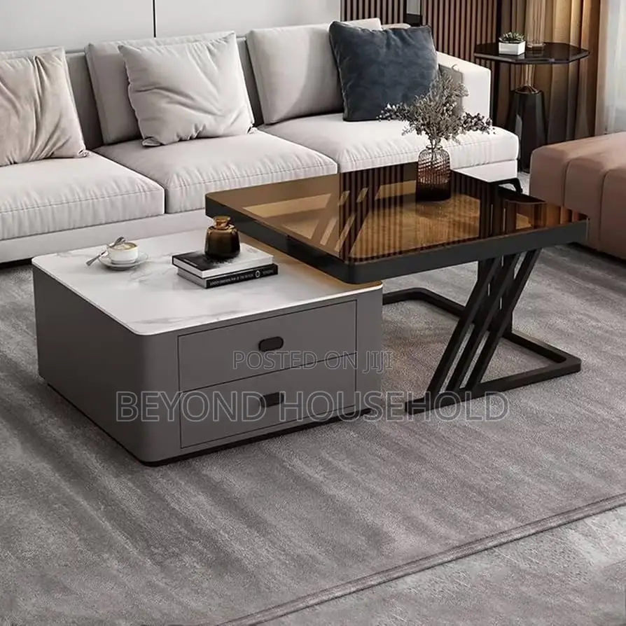 Modern Nesting Coffee Table Set Tinted Black Glass Top Marble Table