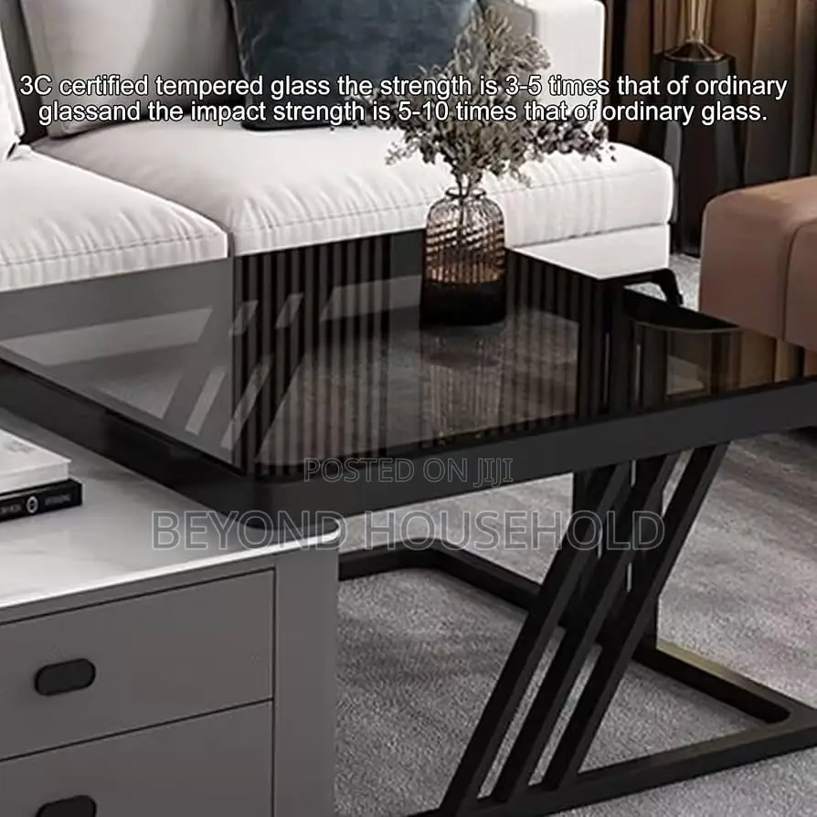 Modern Nesting Coffee Table Set Tinted Black Glass Top Marble Table