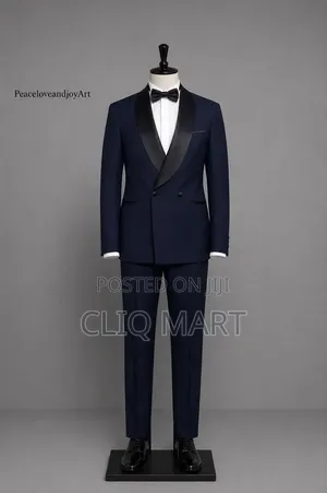Navy Double-Breasted Tuxedo – Black Satin Shawl Lapel