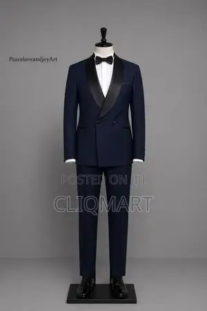 Navy Double-Breasted Tuxedo – Black Satin Shawl Lapel