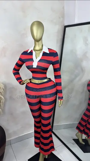 Striped Color-Block Polo Top Flared Pants Set