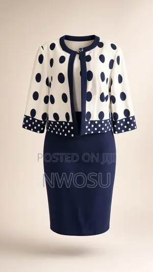 Navy Polka Dot 2-Piece Office Suit (Jacket + Skirt)