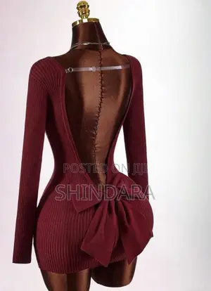 Women’s Burgundy Ribbed Knit Backless Dress With Bow