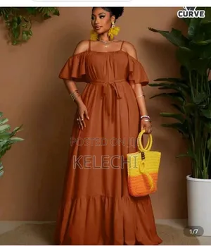 *Brown Cold Shoulder Belted Ruffle Maxi Dress*