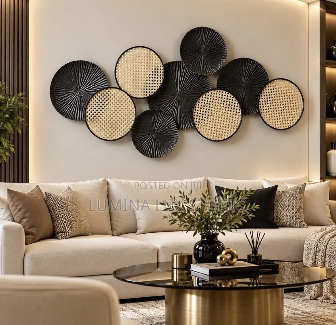 Luxury Metal Cane Webbing Overlapping Circle Wall Art (118cm X 55cm)